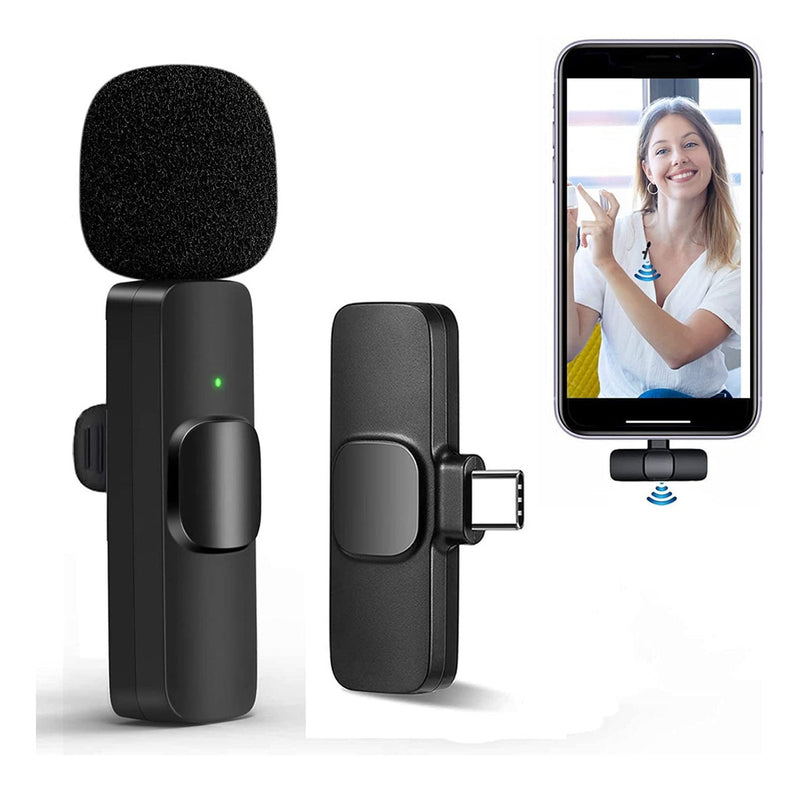 Microfone De Lapela Tipo C Sem Fio Para Celular Smartphone Cor Preto