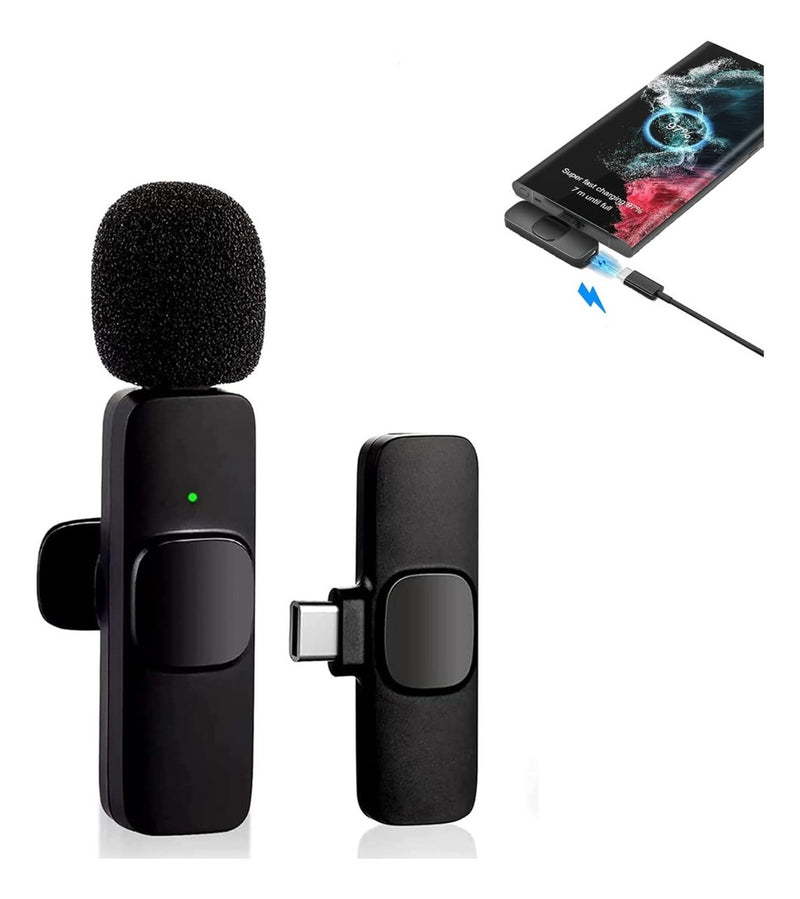 Microfone De Lapela Tipo C Sem Fio Para Celular Smartphone Cor Preto